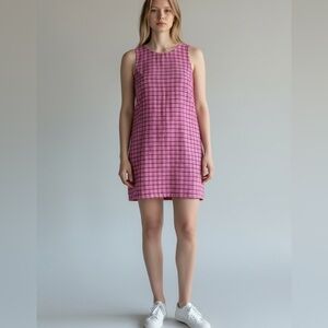 Access Petite Vintage Pink Plaid Shift Dress Small Medium High Neck Mini Dress